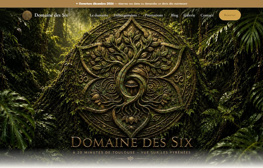 Capture du site domainedessix.fr réalisé par François Leterrier : page d'accueil du Domaine des Six, hébergements et espace événementiel près de Toulouse