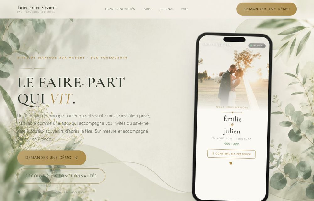 Capture du site Faire-part Vivant par François Leterrier : faire-part de mariage numérique installable en PWA, avec RSVP en ligne (démo Émilie & Julien)